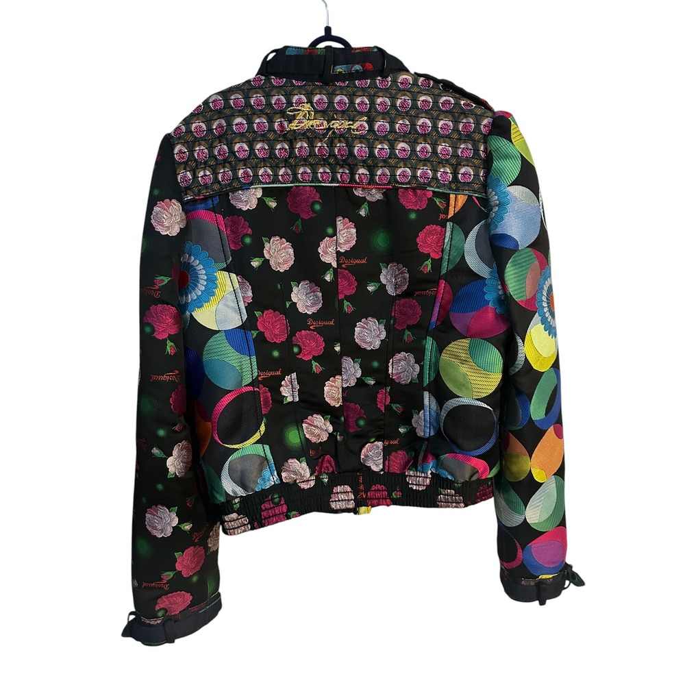 Desigual Jacket W. 40 Black Multi Color Floral Embroidered Moto Bomber Full Zip - Picture 9 of 13